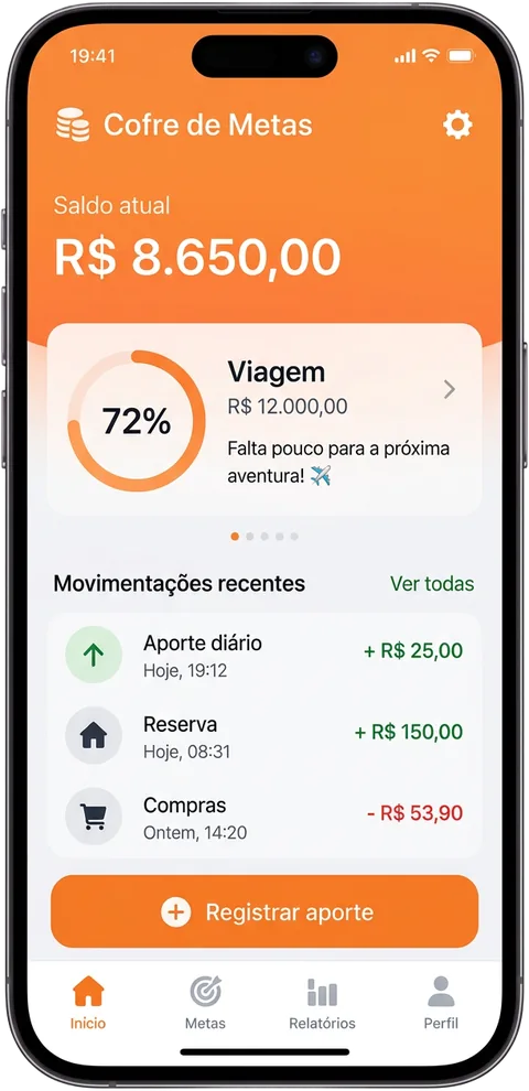 Celular completo com o app Cofre de Metas criado com Mina Ads Pro